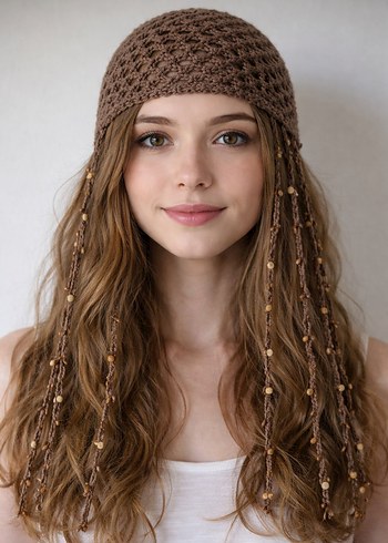 Bej Parlak Örgü Bohem Kadın Şapka - Görsel 2
