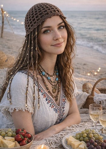 Bej Parlak Örgü Bohem Kadın Şapka - Görsel 3