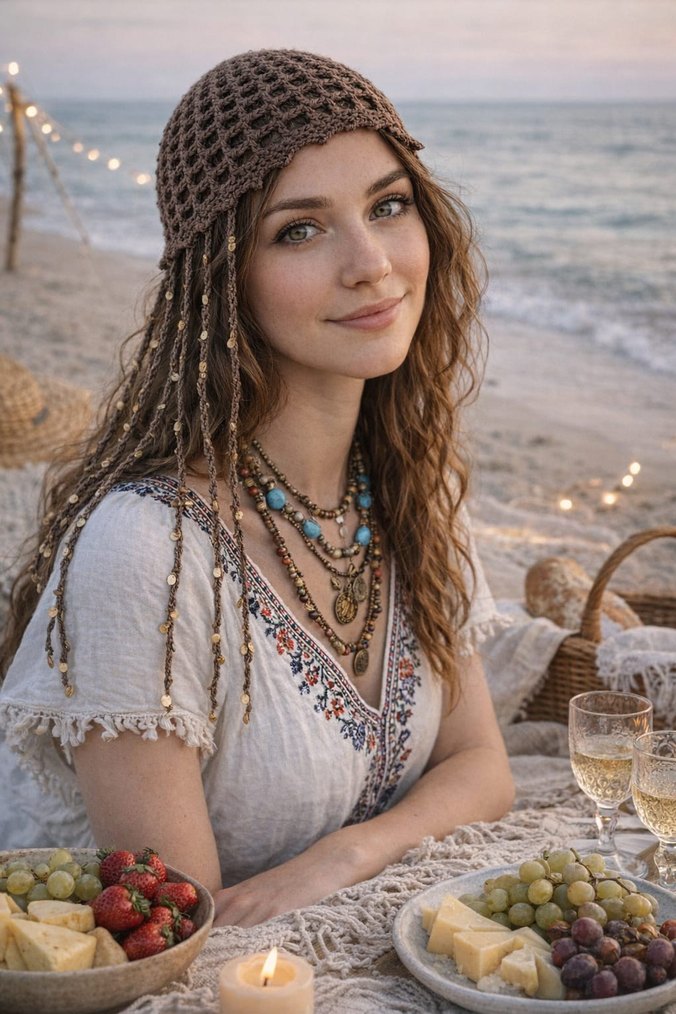 Bej Parlak Örgü Bohem Kadın Şapka - Görsel 3