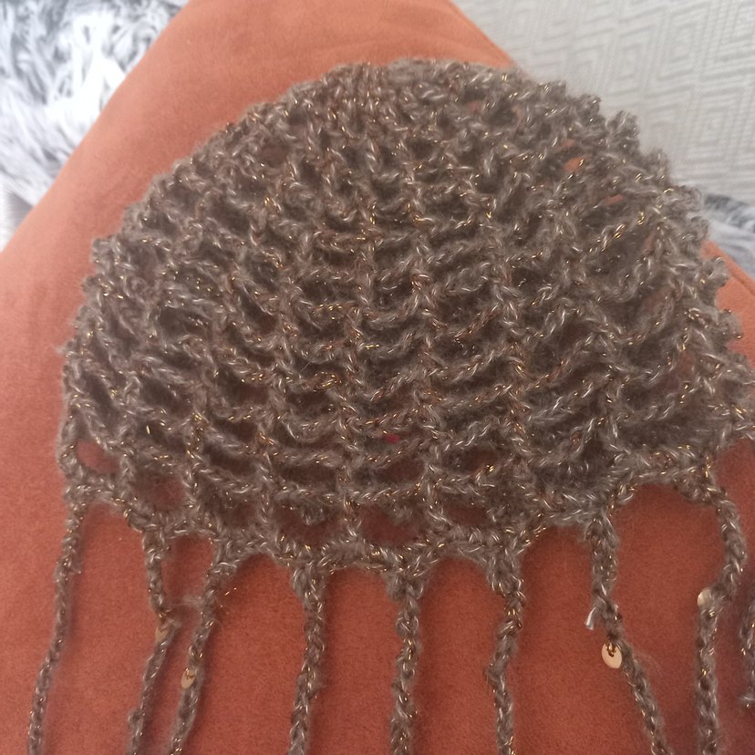 Bej Parlak Örgü Bohem Kadın Şapka - Görsel 4