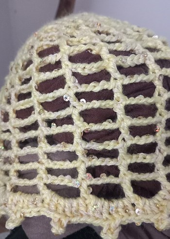 Boncuklu Bej Örgü Bohem Saç Bonesi - Görsel 5