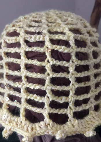 Boncuklu Bej Örgü Bohem Saç Bonesi - Görsel 4