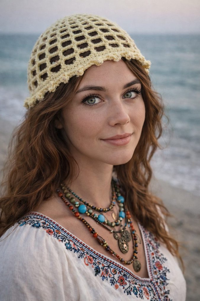 Boncuklu Bej Örgü Bohem Saç Bonesi - Görsel 2