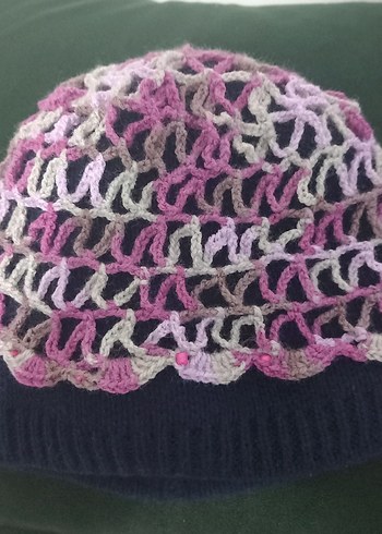 Boncuklu Pembe Örgü Bohem Kadın Şapka - Görsel 2