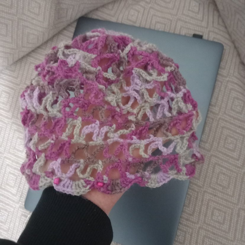 Boncuklu Pembe Örgü Bohem Kadın Şapka - Görsel 4