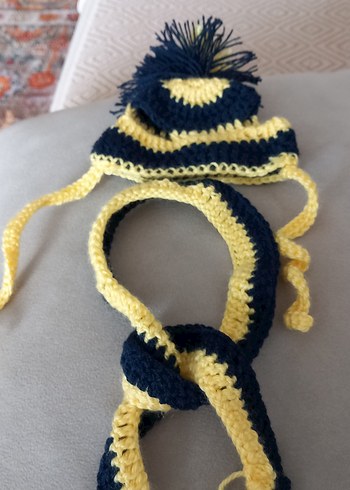 Sarı Mavi Örgü Kedi Şapkası ve Atkısı - Görsel 3