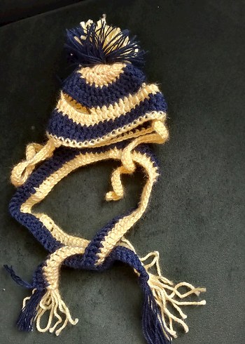 Sarı Mavi Örgü Kedi Şapkası ve Atkısı - Görsel 6