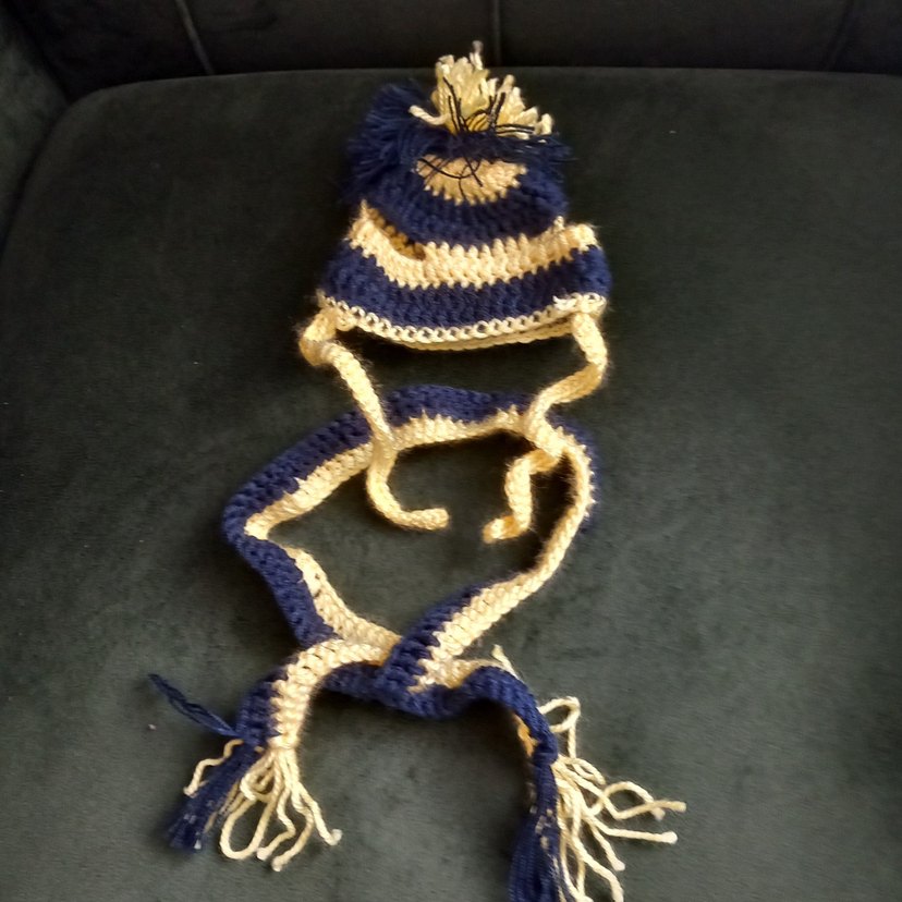 Sarı Mavi Örgü Kedi Şapkası ve Atkısı - Görsel 5