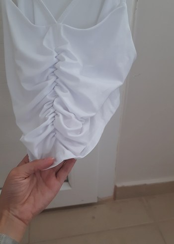 44 Beden Kadın Beyaz V Yaka Mini Keten Atlet