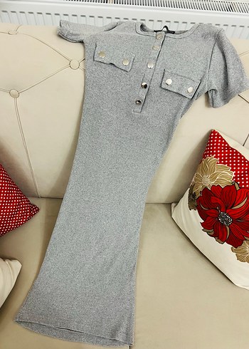 Düğmeli Gri Kısa Kollu Elbise - Görsel 2