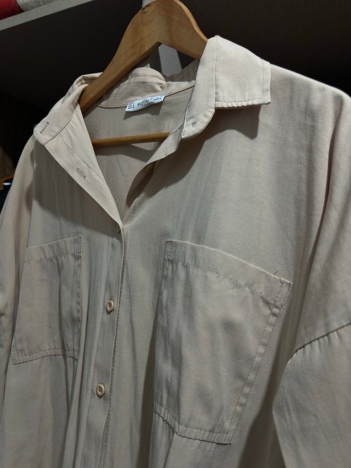 Bej terikoton Düğmeli Uzun Kollu Gömlek - Görsel 2