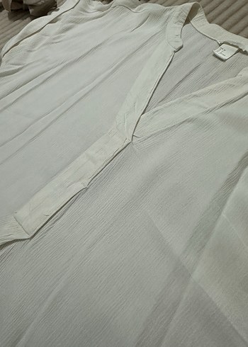 V Yaka Beyaz Keten Salaş Bluz - Görsel 4