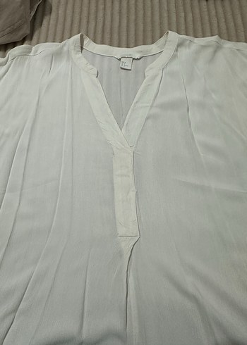 V Yaka Beyaz Keten Salaş Bluz - Görsel 3