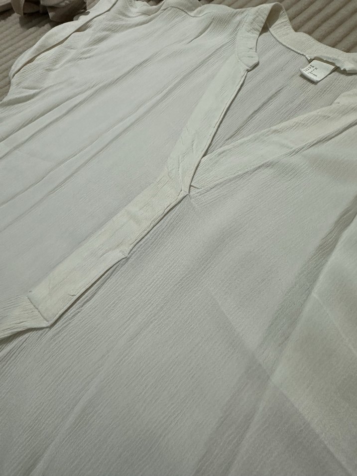 V Yaka Beyaz Keten Salaş Bluz - Görsel 4