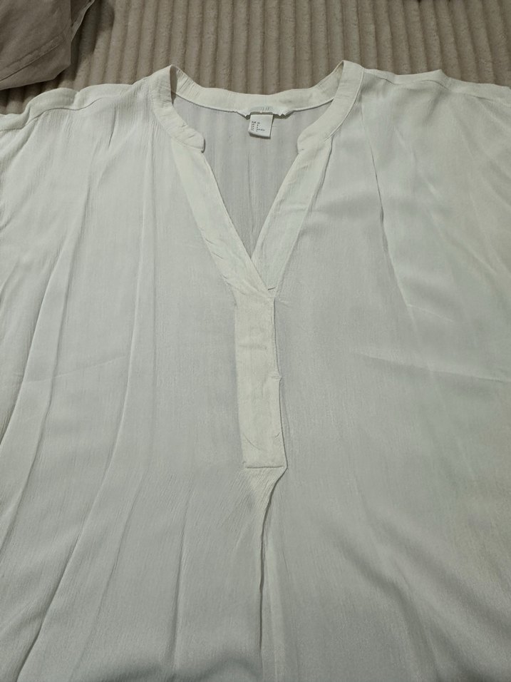 V Yaka Beyaz Keten Salaş Bluz - Görsel 3