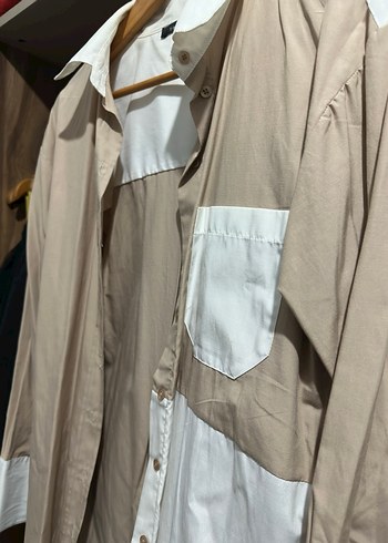 Bej Beyaz Düğmeli Kadın Gömlek - Görsel 3