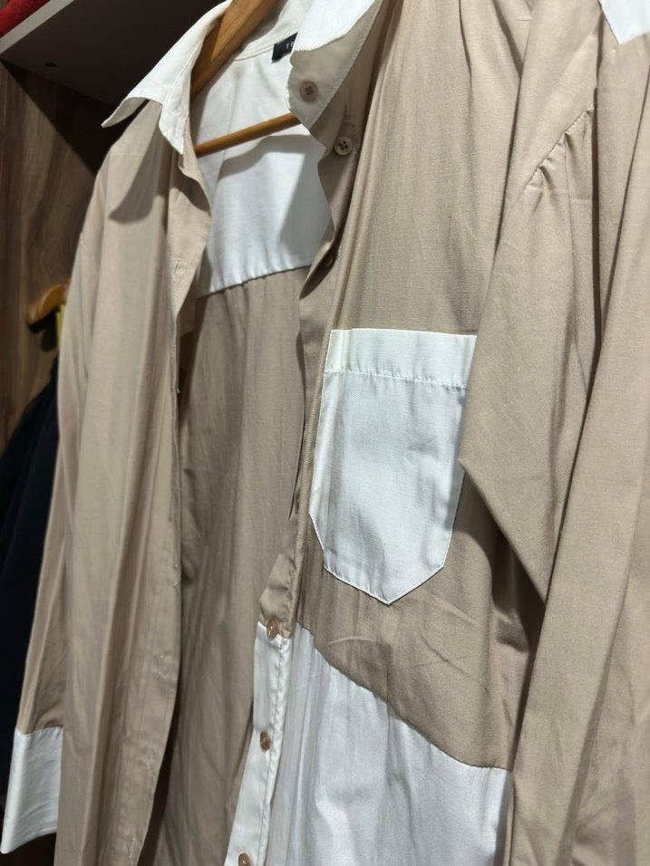 Bej Beyaz Düğmeli Kadın Gömlek - Görsel 3