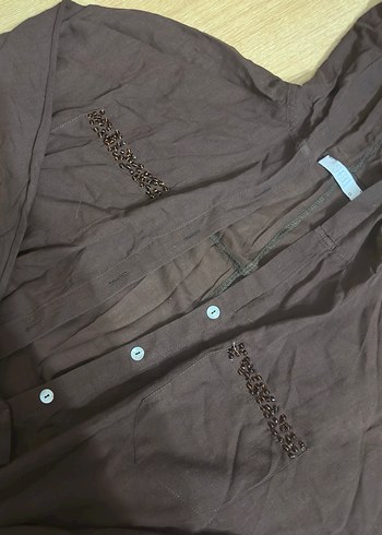 Kahverengi Kapüşonlu Kadın Keten Gömlek - Görsel 3