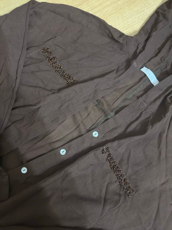 Kahverengi Kapüşonlu Kadın Keten Gömlek - Görsel 3