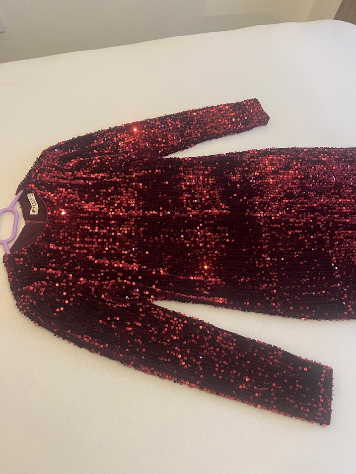 Bordo Uzun Kollu Drapeli Kadın Abiye Elbise - Görsel 3