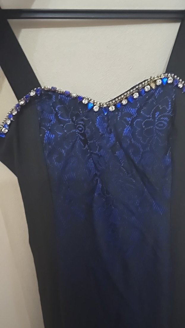 Koyu Lacivert Straplez Uzun Gotik Abiye - Görsel 3