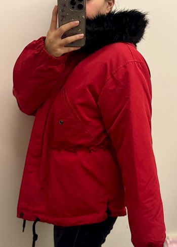 Kürklü Yakalı Kırmızı Kadın Kışlık Mont - Görsel 3