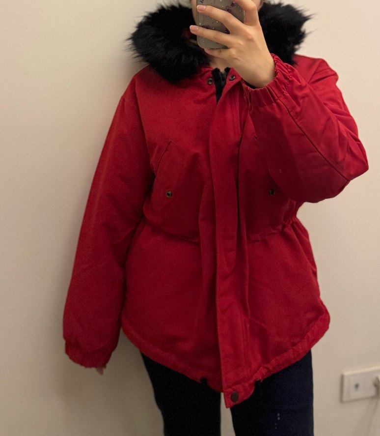 Kürklü Yakalı Kırmızı Kadın Kışlık Mont - Görsel 2
