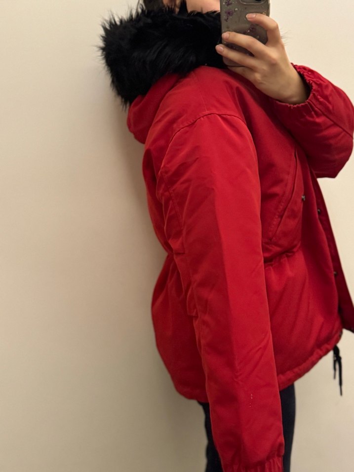Kürklü Yakalı Kırmızı Kadın Kışlık Mont - Görsel 5
