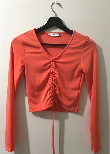 Turuncu V Yaka Uzun Kollu Drapeli Bluz - Görsel 4