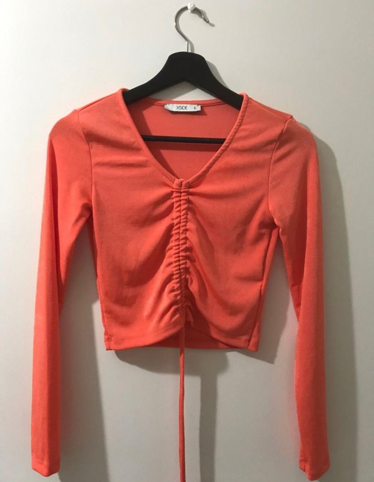 Turuncu V Yaka Uzun Kollu Drapeli Bluz - Görsel 4