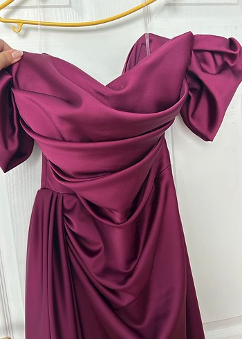 Mürdüm Drapeli Straplez Uzun Abiye - Görsel 3