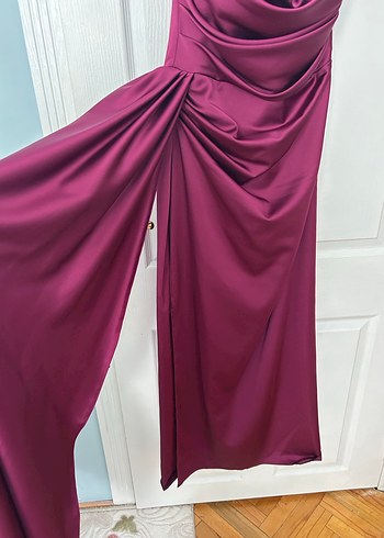 Mürdüm Drapeli Straplez Uzun Abiye - Görsel 6