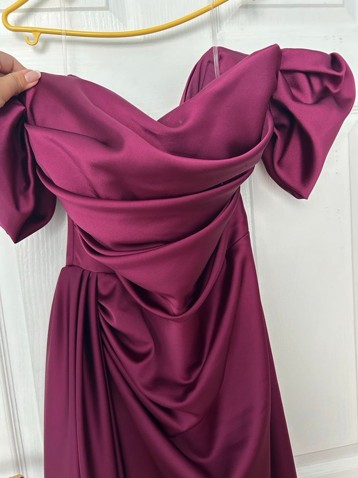 Mürdüm Drapeli Straplez Uzun Abiye - Görsel 3