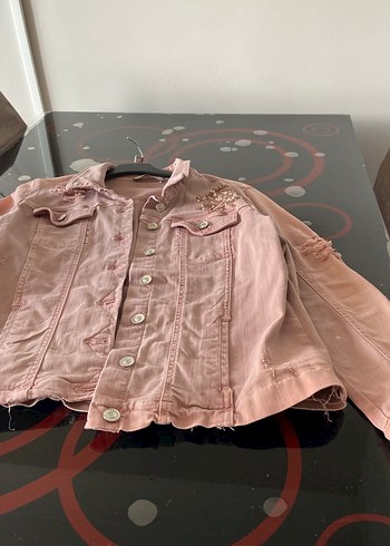 Pembe Nakışlı Düğmeli Denim kot Ceket - Görsel 8