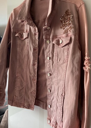 Pembe Nakışlı Düğmeli Denim kot Ceket - Görsel 2