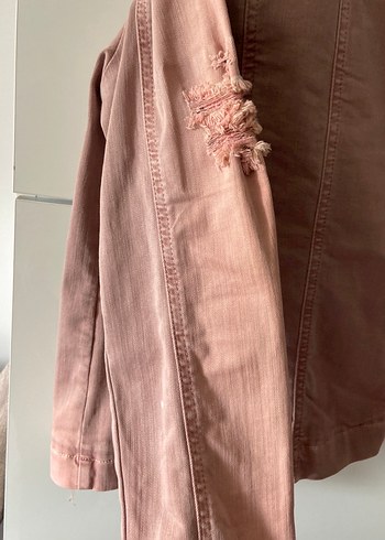 Pembe Nakışlı Düğmeli Denim kot Ceket - Görsel 7