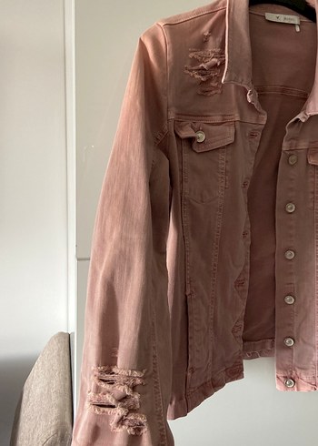 Pembe Nakışlı Düğmeli Denim kot Ceket - Görsel 5