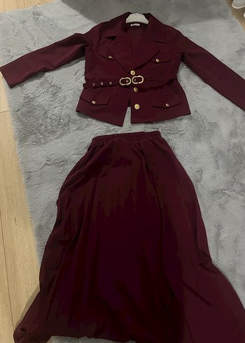 Bordo Kemerli Ceket-Etek Takımı - Görsel 2