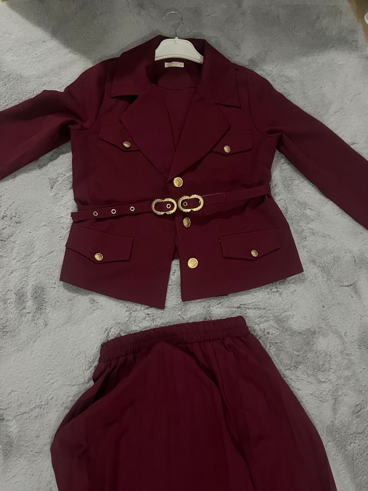 Bordo Kemerli Ceket-Etek Takımı - Görsel 4