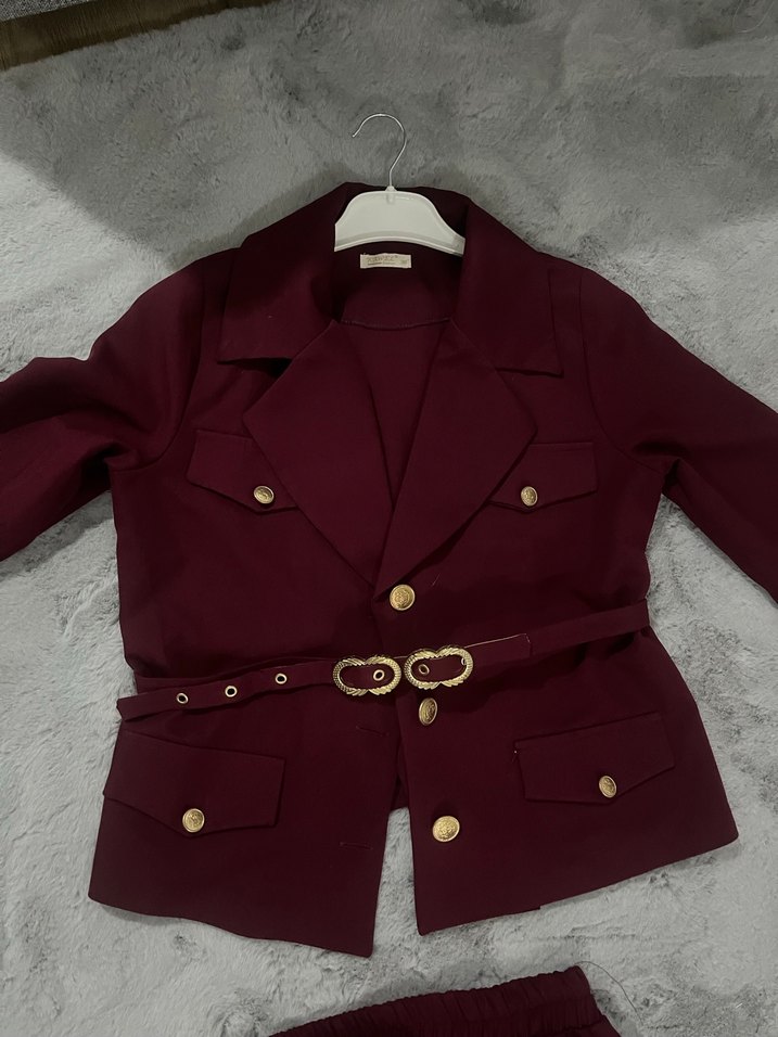 Bordo Kemerli Ceket-Etek Takımı - Görsel 3