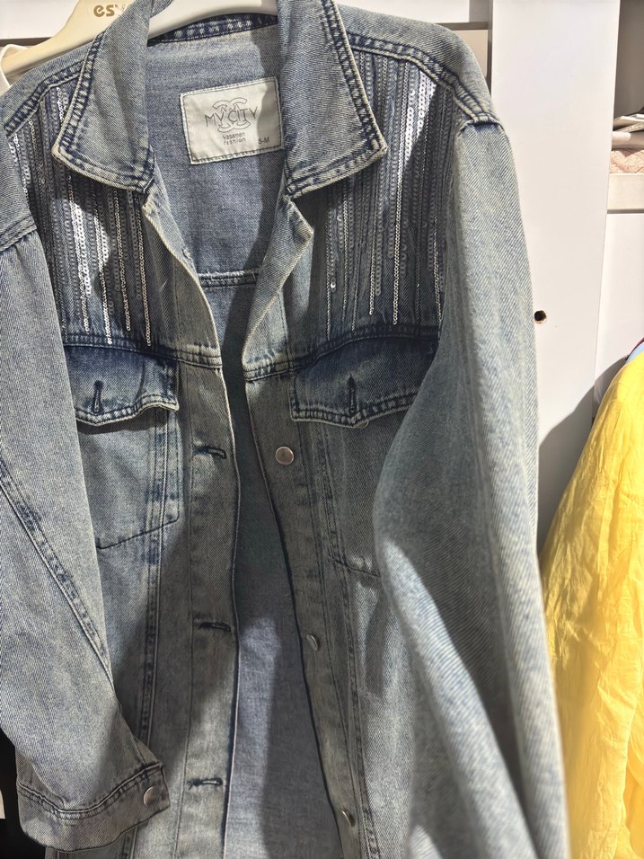 Gri Bağlama Desenli Bol Kesim Kot Ceket - Görsel 4