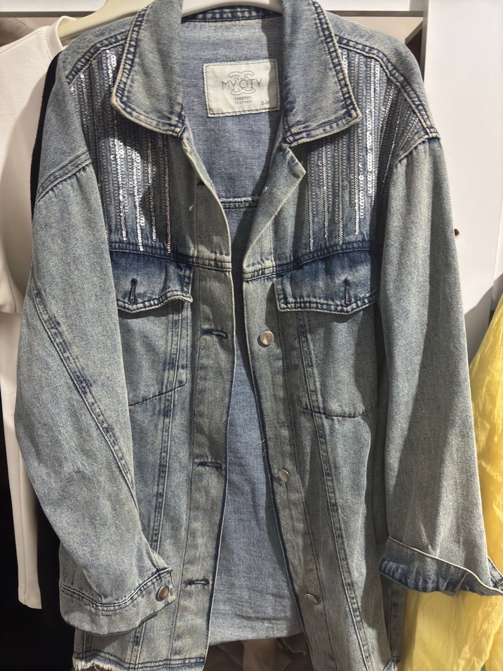 Gri Bağlama Desenli Bol Kesim Kot Ceket - Görsel 3