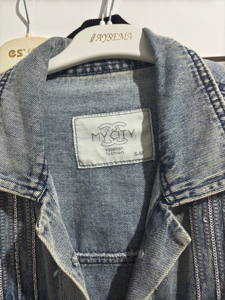 Gri Bağlama Desenli Bol Kesim Kot Ceket - Görsel 2