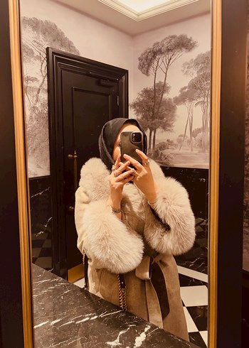 Bej Süet Uzun Kürklü Kadın Kaban - Görsel 7