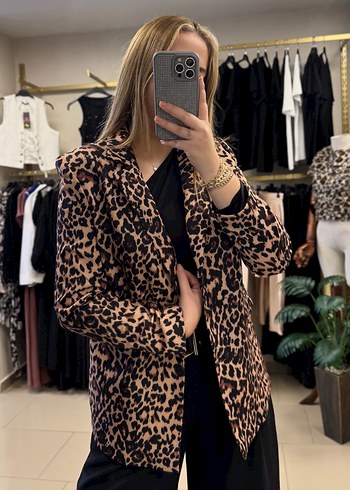 Oversize Kahverengi Leopar Desenli Kadın Blazer Ceket - Görsel 2
