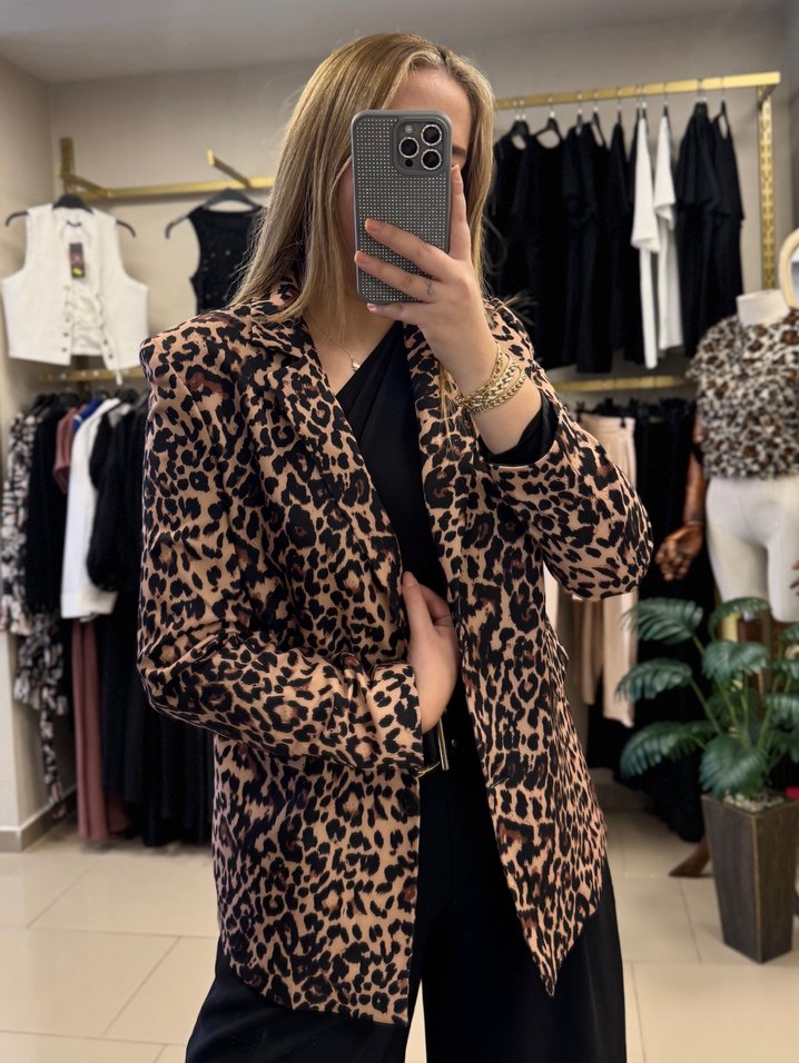 Oversize Kahverengi Leopar Desenli Kadın Blazer Ceket - Görsel 2