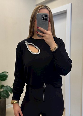 Damla taş dekolteli Siyah Kadın Sweatshirt - Görsel 2