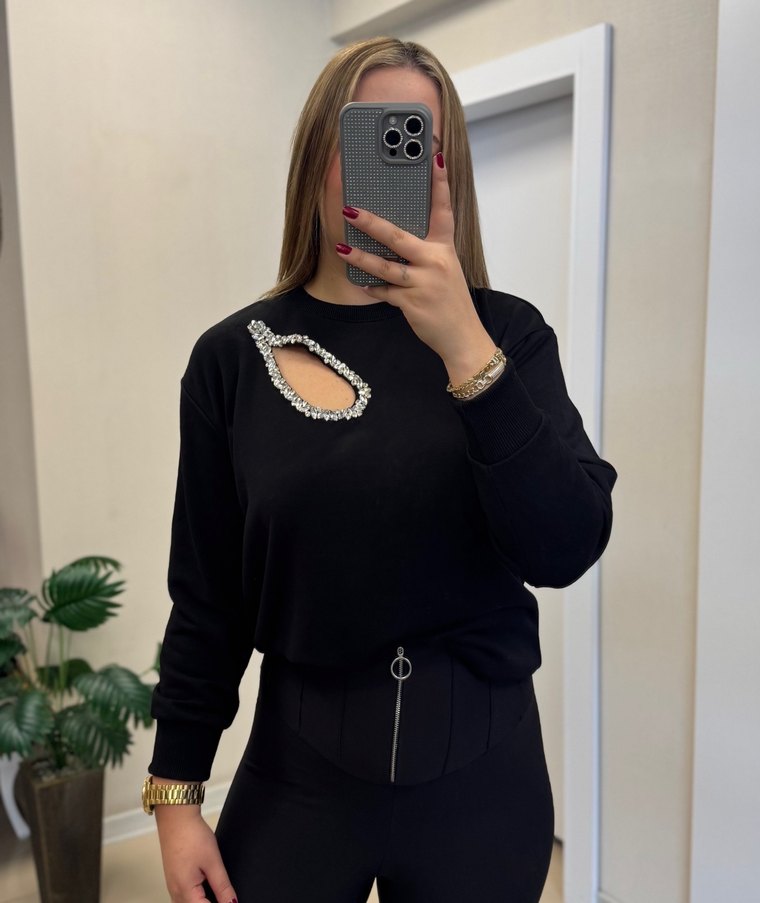 Damla taş dekolteli Siyah Kadın Sweatshirt - Görsel 2