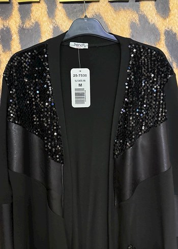 Kadın Siyah Deri Detaylı Payetli Uzun Ceket - Görsel 2