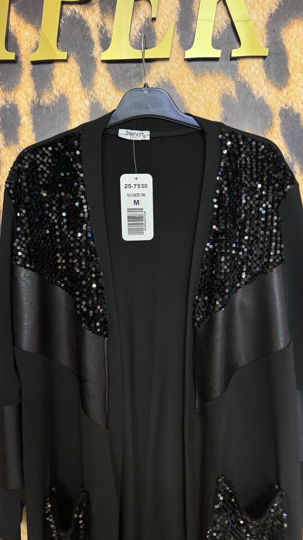 Kadın Siyah Deri Detaylı Payetli Uzun Ceket - Görsel 2